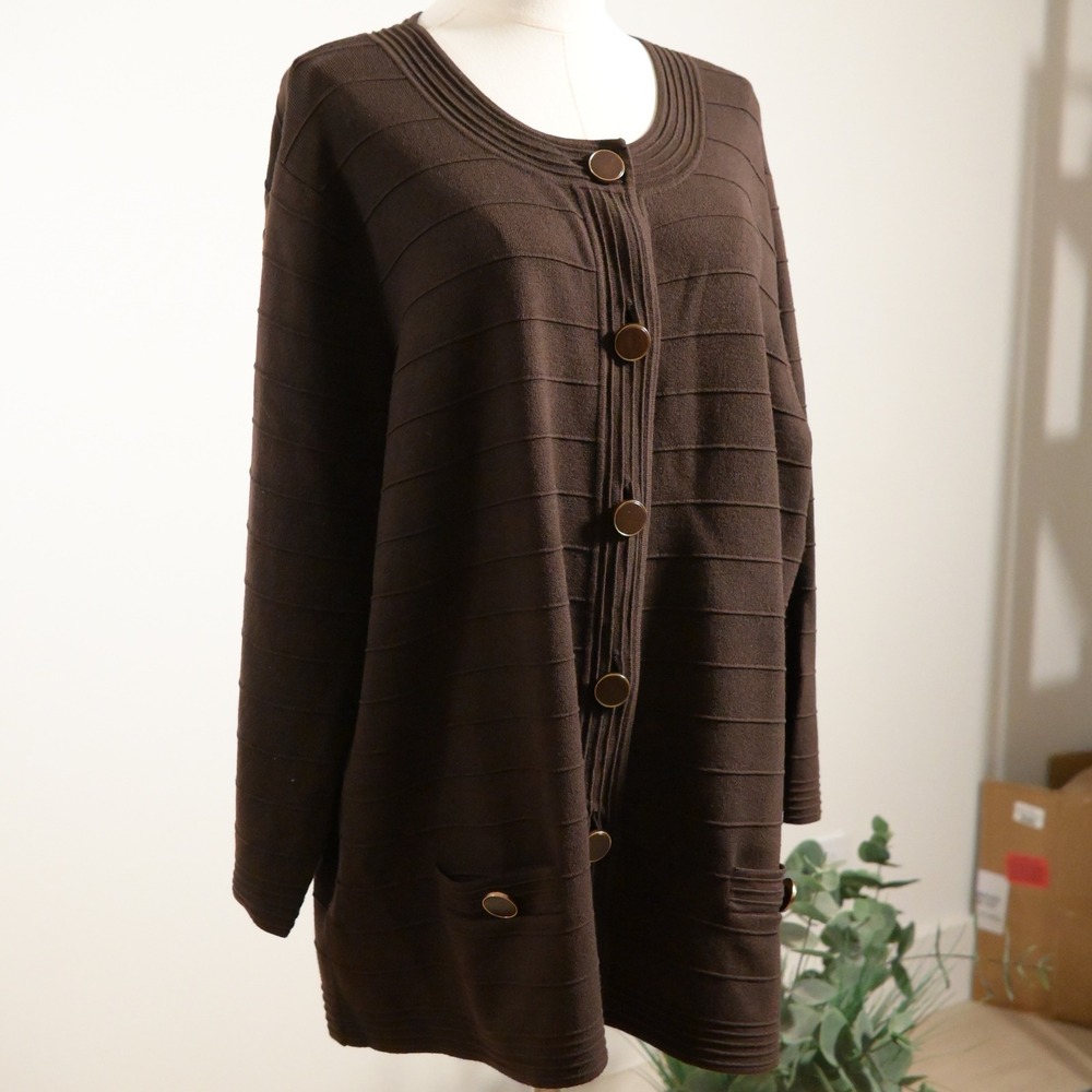 Jones New York Signature Woman Brown Textured Knit Button Front Cardigan 3X